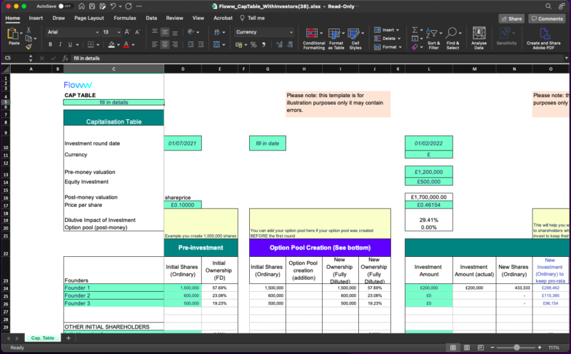 An example of a completed cap table